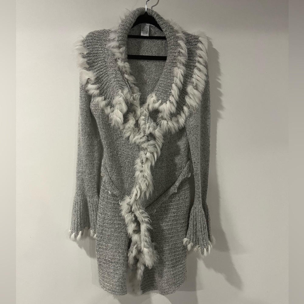 Tempo Paris Gray Cardigan with Rabbit Fur Trim